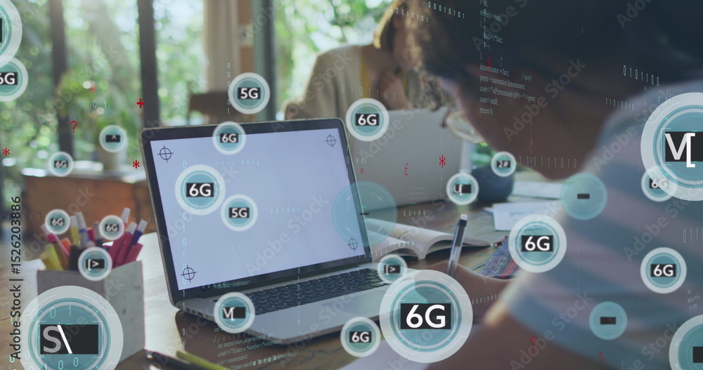 Obraz premium Image of data processing, 6g icons over caucasian girl writing by laptop at desk