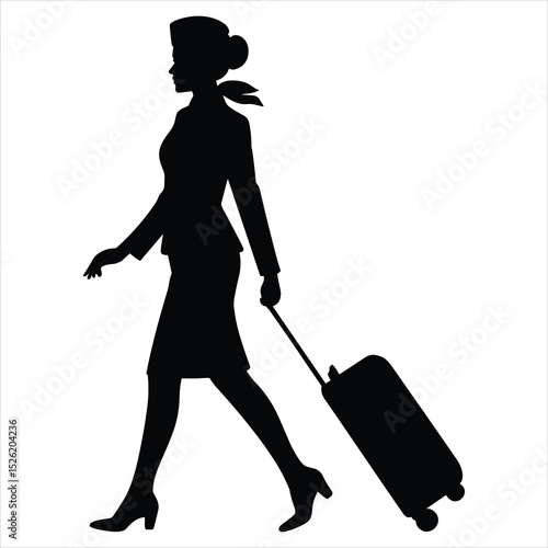 a flight attendant walking confidently while pulling a rolling suitcase
