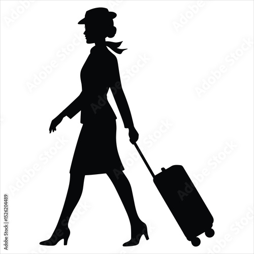 a flight attendant walking confidently while pulling a rolling suitcase