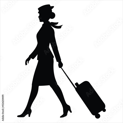a flight attendant walking confidently while pulling a rolling suitcase