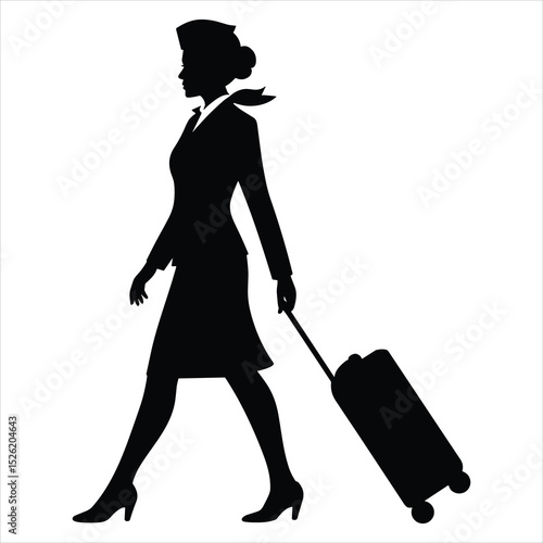 a flight attendant walking confidently while pulling a rolling suitcase