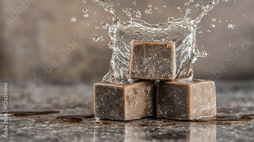 Wallpaper Mural Three dark chocolate cubes, glistening wet, with water splashing dynamically around them on a reflective surface Torontodigital.ca