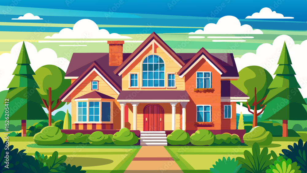 Naklejka premium house in the forest Beautiful House with Garden and Trees - Vibrant Vector Illustration