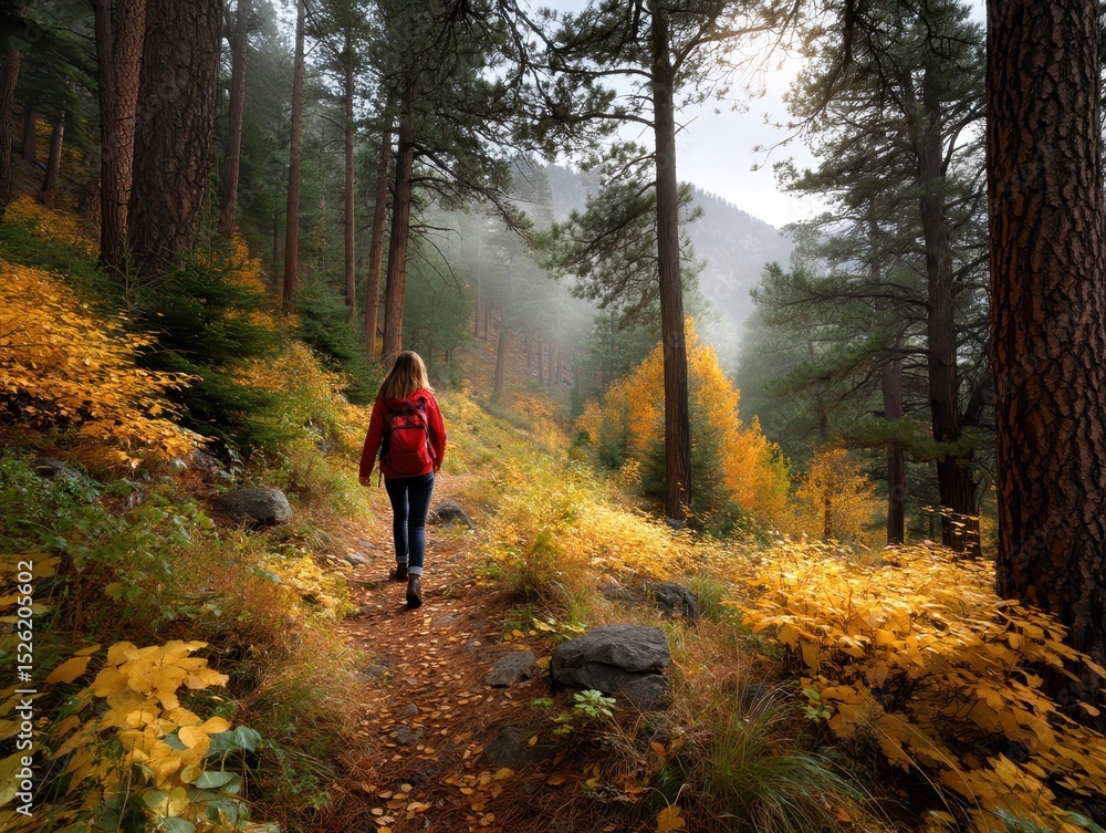 Fototapeta premium Adventurous hiker exploring vibrant autumn forest trail.