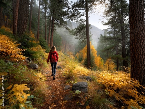 Adventurous hiker exploring vibrant autumn forest trail.