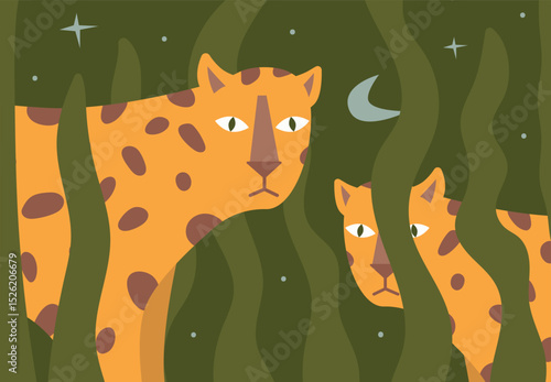 Leopards Peering Through Jungle Foliage Vector Illustration. 
