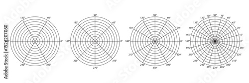 Polar coordinate grids divided into 6, 8, 12 and 24 sectors of 15, 30, 45 and 60 degrees and several circles. A set of concentric meshes with different angles. Radar scheme. Vector illustration.