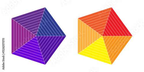 Two radar Kiviat pentagon diagram with different color of five segments. Spider charts. Vector illustration.