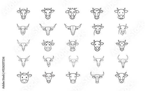 A set of minimalistic outline drawings depicting various styles of cow and bull head illustrations. These designs are ideal for use in logos, prints, or creative graphics.

