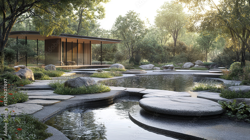 Fototapeta premium serene landscape featuring tranquil pond surrounded by rocks and lush greenery, evoking peace