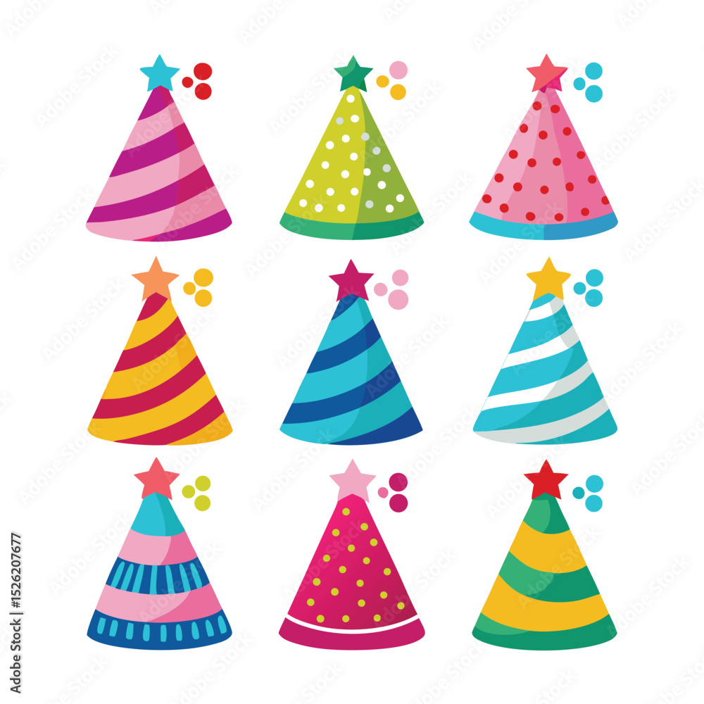 Nine colorful party hats with stars and confetti Nine colorful party hats with stars and confetti
