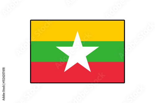 The flag features horizontal stripes of yellow, green, and red with a central white star, representing Myanmar's national identity and cultural heritage.