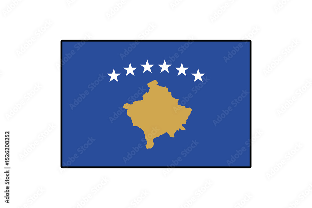 Fototapeta premium The flag of Kosovo features a blue background with a golden map silhouette and six white stars above, symbolizing the country's identity and aspirations for unity and freedom.