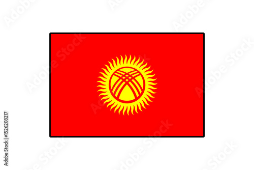 The design features the flag of Kyrgyzstan, showcasing a vibrant red background with a central yellow sun surrounded by a series of twelve rays and a distinctive traditional yurt motif.