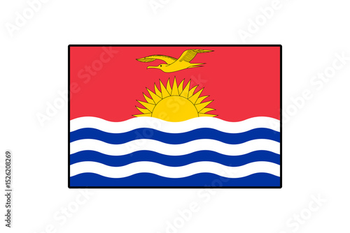The flag features a red background, a golden sun rising above waves. Below the sun is a yellow frigatebird soaring above blue and white stripes, symbolizing Kiribati's culture and geography.