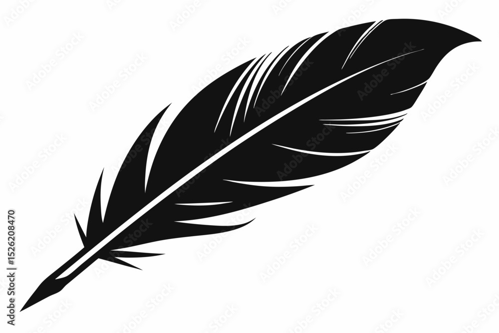 Obraz premium Stylized black feather with detailed vane structure, minimalist vector ink drawing aesthetic, high contrast on white background 