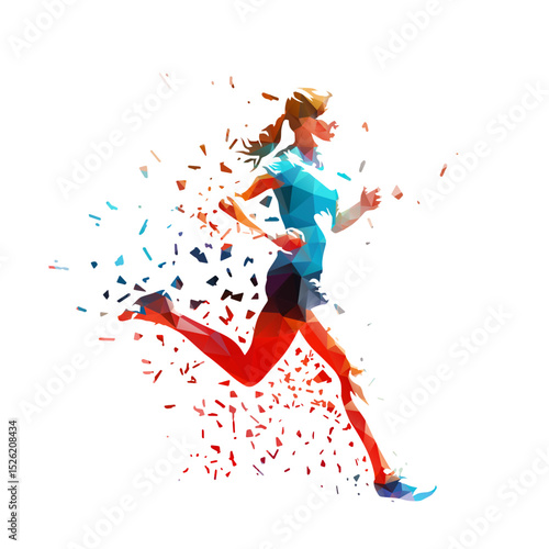 Run, marathon running woman. Isolated low poly vector illustration of female runner with dispersion effect