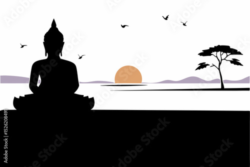 Silhouette of meditating Buddha at sunrise with birds, tree, and mountain landscape in peaceful minimal scene
