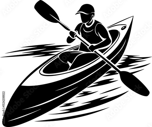 Silhouette person kayaking on river, wearing cap and using paddle