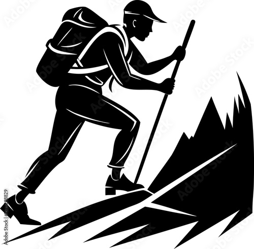 Silhouette of hiker climbing steep mountain with backpack and walking stick