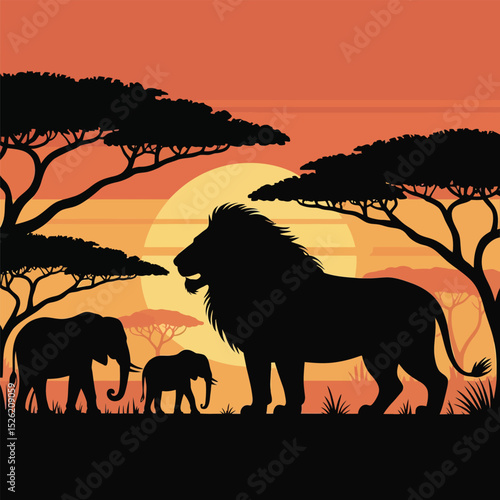 Photography Majestic African Sunset Silhouette of Lion, Elephant, and Calf