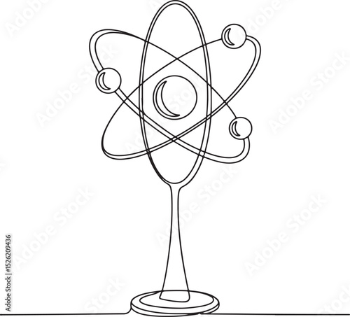 Continuous one line art of an atom model with electrons orbiting, minimalist outline illustration of atomic structure in science concept

