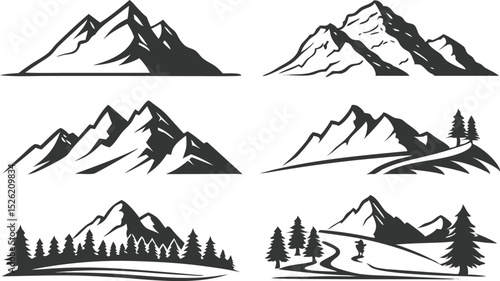 Six stylized mountain silhouettes showcase diverse mountain landscapes.