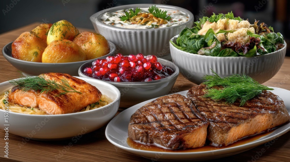 Assorted New Zealand Meat and Vegetables Dishes with Potatoes, Salmon, and Fresh Salads on Wooden Table Assorted New Zealand Meat and Vegetables Dishes with Potatoes, Salmon, and Fresh Salads on Wooden Table