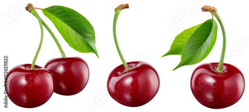 Cherry isolated png. Sour cherry with leaf on transparent background. Perfect retouched cherries on branch no background. Png cherry collection.