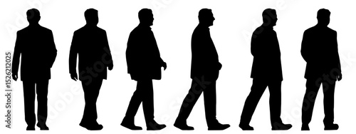 Vector concept conceptual black silhouette of a businessman from different perspectives isolated on white background. A metaphor for success, education, business, confidence, leadership and vision