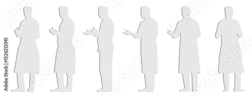 Vector concept conceptual gray paper cut silhouette of a male waiter taking an order from different perspectives isolated on white background. A metaphor for working, business, relaxation and lifestyl