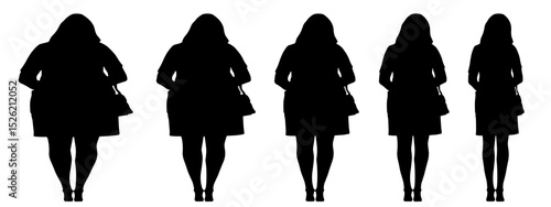 Conceptual fat overweight obese female vs slim fit healthy body after weight loss or diet on white background banner. A  fitness, nutrition or obesity, health shape illustration vector as silhouettes