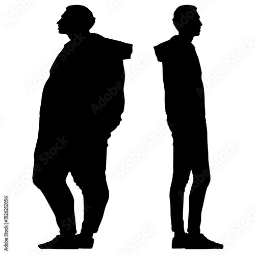 Conceptual fat overweight obese man vs slim fit healthy body after weight loss or diet, white background. A  fitness, nutrition or obesity, health care shape illustration vector as silhouettes