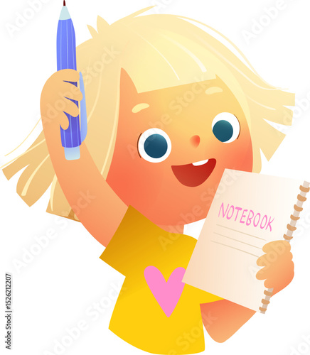 Cheerful girl holding a notebook and a pencil happy smiling. Kid drawing and writing in kindergarten. Elementary schoolgirl character studying to write. Vector children education illustration