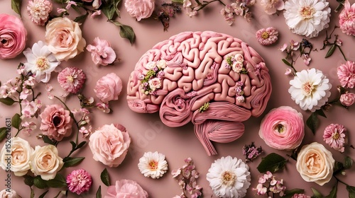 A Delicate Brain Decorated with Flowers, Evoking Inner Peace