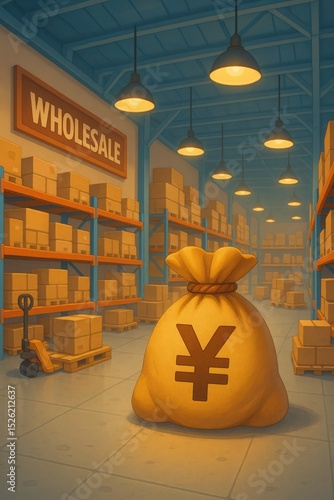 Yen Symbol Money Bag in Industrial Wholesale Warehouse Setting