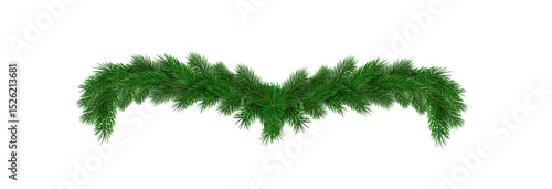 Garland of spruce branches. Christmas holiday decorations, realistic live fir tree effect with decorations for poster banners, png vector.	