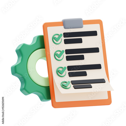List Management 3D Icon. Checklist clipboard gear task 3d icon