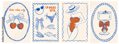 Summer Italy la dolce vita vintage posters. Amalfi or Sicily of postage stamps with image of Italian Mediterranean cocktail, cherry, bow, beach decor. Vector illustration ink doodle sketch style.