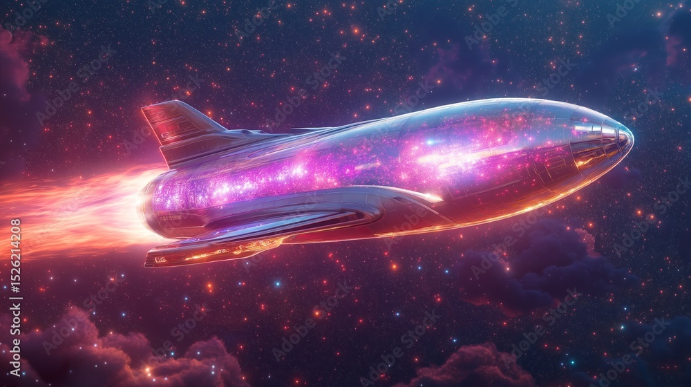 Obraz premium Interstellar Voyager: A futuristic spacecraft glides gracefully through the cosmos, leaving a trail of light across a sea of stars, embodying the spirit of exploration.