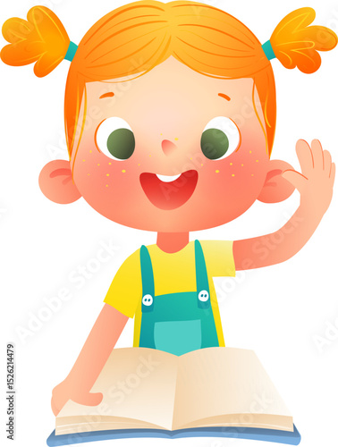 Cheerful smart girl holding an open book smiling and waving. Kids reading studying and learning character design for bookstore, library and school. Vector children education illustration