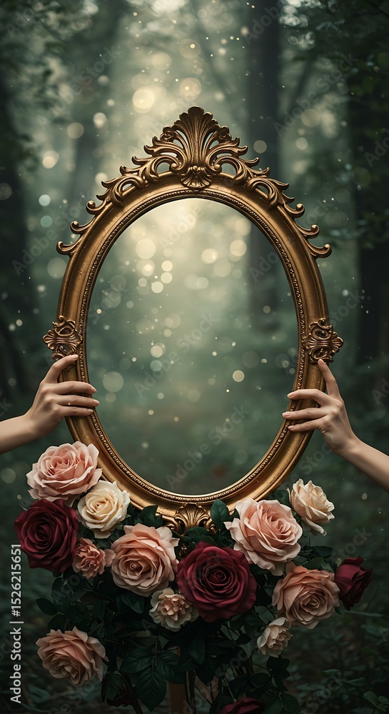 Obraz premium Golden Frame with Roses Held in Forest