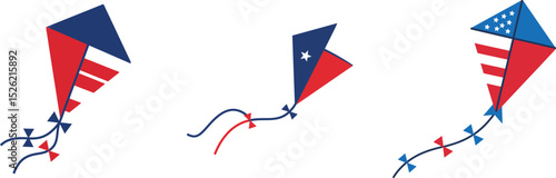 Three kites with american flag design for 4th july independence day Vector Set – Flat Minimal Style