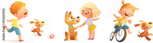 Happy children playing with their pet dogs. Kids boys and girls play with dogs. Cute friendship cartoons of little children pet owners. Vector character illustration collection in watercolor style.