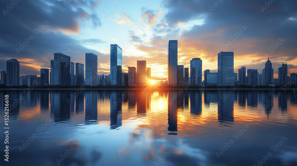 Obraz premium stunning city skyline at sunset, reflecting on water surface, creates serene atmosphere