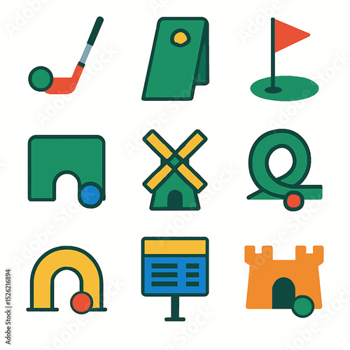 Colorful Miniature Golf Course Elements Depicting Various Obstacles and Equipment