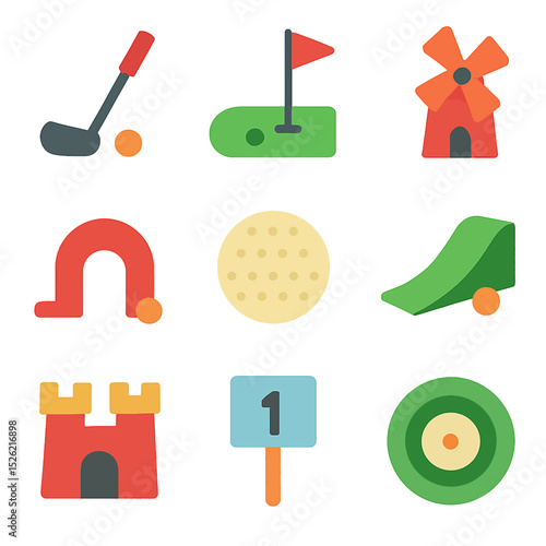 Colorful miniature golf course with various obstacles and challenges vector art