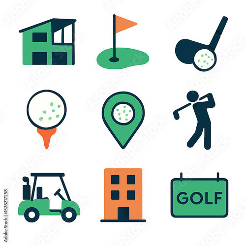 Golf course elements vector illustration featuring clubhouse, flag, golf ball, and player