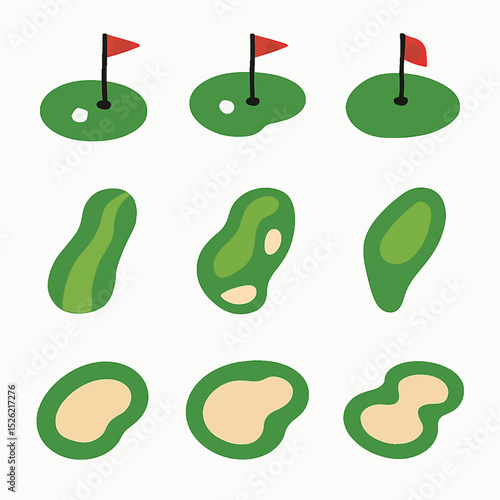 Golf course elements vector illustration featuring putting greens, fairways and sand traps