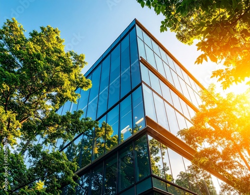 Modern building architecture glass facade trees sun